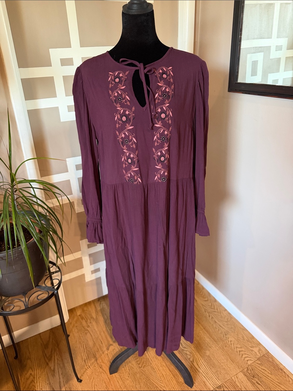 Knox Rose Plum Embroidered Tie-Neck Maxi Dress